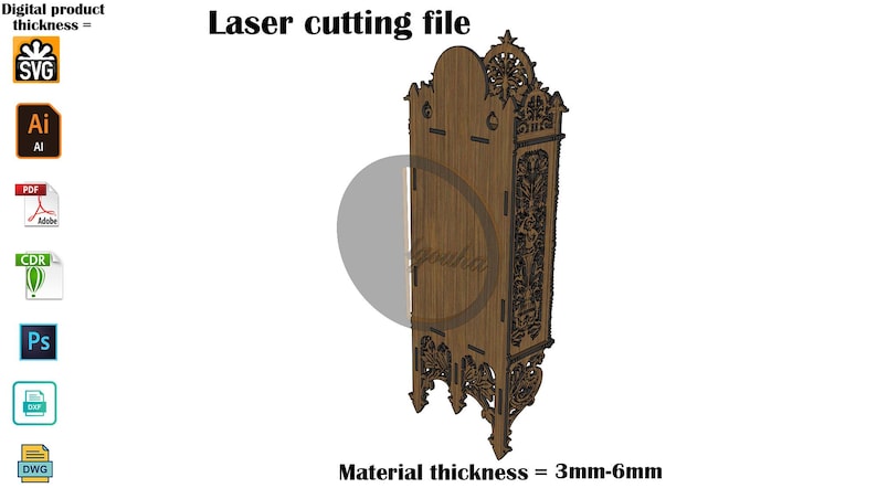May include: A digital laser cutting file for a tall, brown, ornate wooden clock case with intricate floral carvings. The design features a rounded top and decorative base. Text includes 'Laser cutting file' and 'Material thickness = 3mm-6mm'.