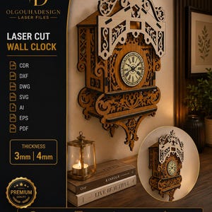 May include: A laser-cut wooden wall clock with intricate scrollwork and a circular face featuring Roman numerals. The design includes a decorative top pediment and a lower shelf. Text on the image includes OLGOUHADESIGN, LASER CUT WALL CLOCK, and 3mm | 4mm.