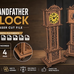 Puede incluir: Un archivo digital de reloj de pie cortado con láser que presenta una esfera amarilla con manecillas negras, patrones de celosía de madera y texto que indica un grosor de material de 3 mm y 4 mm, junto con formatos CDR, DXF, DWG, SVG, AI, EPS y PDF.