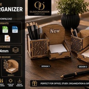 May include: Two wooden desk organizers with laser-cut geometric patterns, featuring a pen holder and a square compartment for notes. The digital download includes two designs with material thickness options of 3mm and 4mm for laser cutting machines.