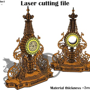 Puede incluir: Dos diseños intrincados de reloj cortados con láser con detalles ornamentados y una esfera de reloj de color dorado. Los diseños son adecuados para crear un reloj decorativo o una pieza de decoración del hogar única. El grosor del material es de 3 mm a 4 mm.