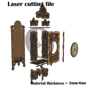 May include: A digital laser cutting file for a clock, featuring brown wooden components with intricate cutouts, a circular clock face, and text reading Laser cutting file and Material thickness = 3mm-6mm, alongside icons for SVG, AI, PDF, CDR, Ps, DXF, and DWG formats.