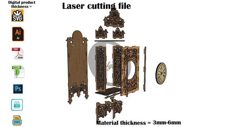 May include: A digital laser cutting file for a clock, featuring brown wooden components with intricate cutouts, a circular clock face, and text reading Laser cutting file and Material thickness = 3mm-6mm, alongside icons for SVG, AI, PDF, CDR, Ps, DXF, and DWG formats.