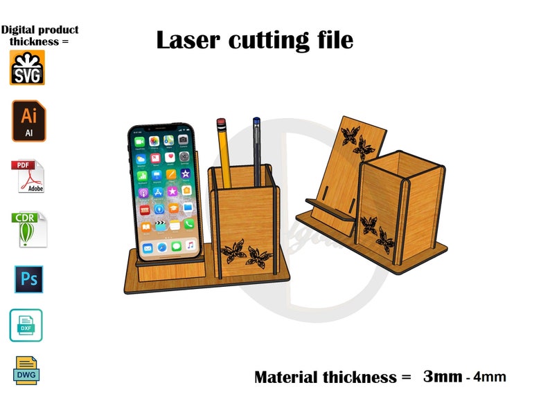 Laser Cut Phone stand with Pen holder 3mm,4mm image 1