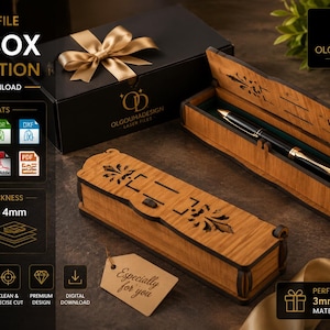 Op de afbeelding: Een lasergesneden houten pennenbox met decoratieve uitsparingen, zowel gesloten als geopend getoond met een zwarte pen erin. De afbeelding bevat tekst: LASER CUT FILE PEN BOX GIFT EDITION, OLGOUHADESIGN, en materiaaldiktes van 3mm en 4mm.