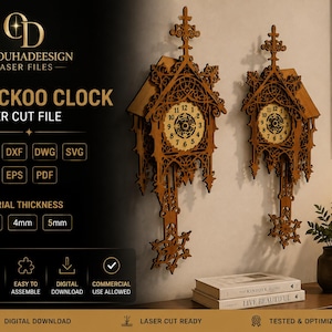 May include: A digital file for a laser-cut cuckoo clock featuring intricate wooden patterns, a circular clock face with numerals, and a decorative hanging pendulum. The design includes text labels for file formats like CDR, DXF, DWG, SVG, AI, EPS, and PDF.