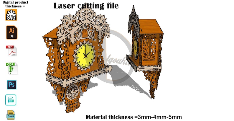 Op de afbeelding: Een digitaal lasersnijbestand voor een houten koekoeksklok met ingewikkeld houtsnijwerk, een gele wijzerplaat en zwarte wijzers. Het ontwerp bevat de tekst Laser cutting file en Material thickness = 3mm-4mm-5mm met diverse bestandsiconen.