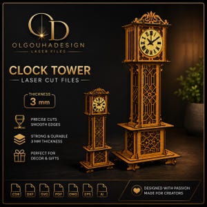 Pode incluir: Dois modelos de torre de relógio em madeira cortados a laser com padrões de treliça intrincados e mostradores com algarismos romanos. O texto diz OLGOUHADESIGN CLOCK TOWER LASER CUT FILES, THICKNESS 3 mm, PRECISE CUTS, STRONG & DURABLE.