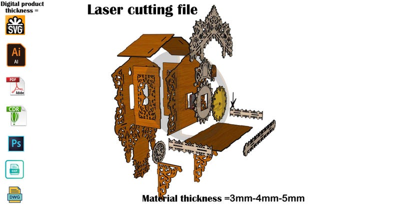 Op de afbeelding: Een digitaal lasersnijbestand voor een houten klok met ingewikkelde uitgesneden patronen. De afbeelding toont diverse gedemonteerde bruine onderdelen, waaronder een dak, muren en decoratieve elementen. Tekst: Laser cutting file en Material thickness = 3mm-4mm-5mm.