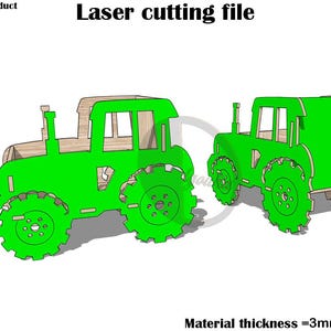 Puede incluir: Archivo de corte por láser para un juguete de tractor verde. El archivo incluye dos tractores, uno con remolque. El grosor del material es de 3 mm.