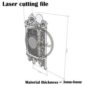 May include: A digital laser cutting file for a rectangular wall clock with ornate, intricate filigree patterns. The design includes a central circular dial area and decorative top and bottom elements. Text includes Laser cutting file and Material thickness = 3mm-6mm.
