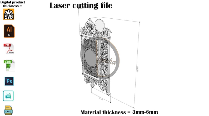 May include: A digital laser cutting file for a rectangular wall clock with ornate, intricate filigree patterns. The design includes a central circular dial area and decorative top and bottom elements. Text includes Laser cutting file and Material thickness = 3mm-6mm.