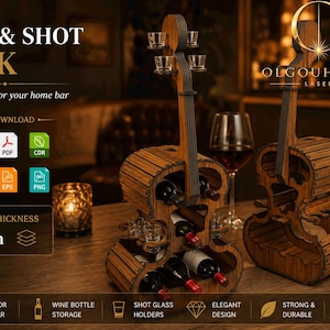 May include: Two wooden wine and shot racks shaped like violins, featuring slots for wine bottles and small shot glasses at the top. The racks are made from 6mm thick material and include text labels such as WINE & SHOT RACK and OL GOUHA DESIGN LASER FILES.