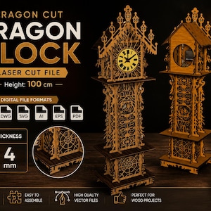 Peut inclure: Un modèle d'horloge dragon en bois découpé au laser avec des motifs complexes, mesurant 100 cm de haut. Le fichier numérique inclut les formats CDR, DXF, DWG, SVG, AI, EPS et PDF, avec des épaisseurs de matériau de 3 mm et 4 mm.