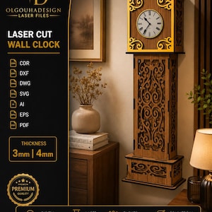 May include: A laser cut wall clock design featuring a wooden structure with intricate scrollwork patterns, a circular clock face with Roman numerals, and gold-toned accents. The digital file includes formats like CDR, DXF, SVG, and PDF for 3mm or 4mm material.