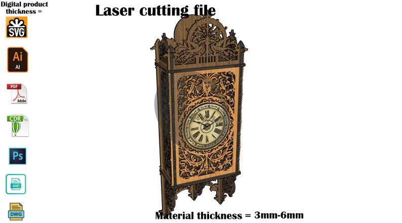 May include: A laser cutting file for a wooden wall clock with intricate, dark brown, laser-cut filigree patterns surrounding a central circular clock face with Roman numerals. The text reads Laser cutting file and Material thickness = 3mm-6mm.