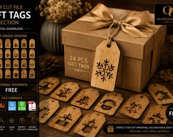 Laser Cut Gift Tags, Wooden Tag SVG, Digital Download, 24 Designs