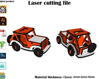 May include: Two orange and white toy jeep models, designed for laser cutting. The models have black wheels and spare tires. The image includes file type icons such as SVG, AI, PDF, and DXF. Text on the image reads "Laser cutting file."