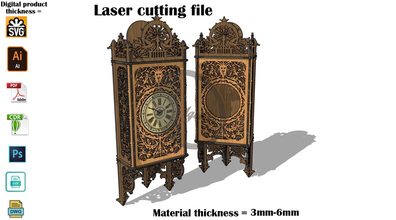 May include: A digital laser cutting file for a wall clock featuring intricate brown wood-toned filigree patterns, a central clock face with Roman numerals, and a decorative top crest. The design specifies a material thickness of 3mm-6mm.