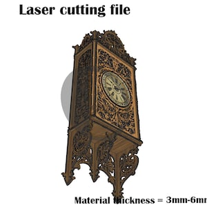 May include: A digital laser cutting file for a wall clock with intricate brown wood-toned filigree patterns. The design includes a circular clock face with Roman numerals. Text includes Laser cutting file and Material thickness = 3mm-6mm.