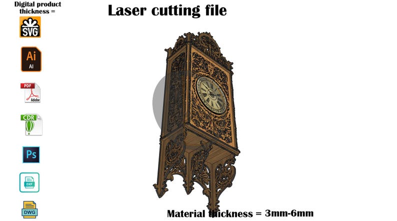 May include: A digital laser cutting file for a wall clock with intricate brown wood-toned filigree patterns. The design includes a circular clock face with Roman numerals. Text includes Laser cutting file and Material thickness = 3mm-6mm.
