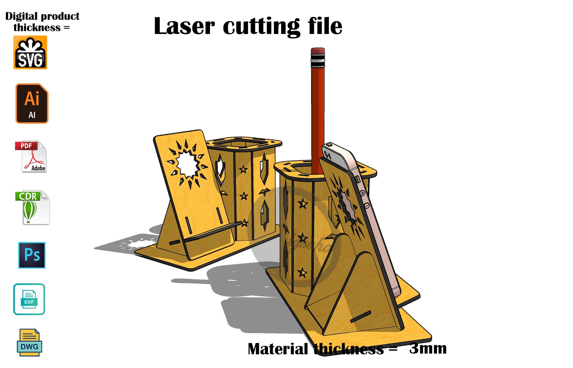 Laser Cut Phone Stand With Pen Holder SVG 3mm Etsy