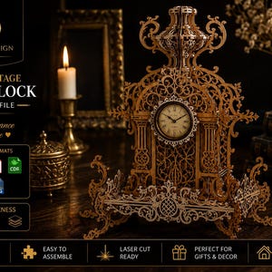 May include: A laser-cut wooden table clock with intricate filigree patterns and a central circular clock face. The design features ornate scrollwork and architectural elements. Text on the image includes OLGOUHADESIGN, GRAND VINTAGE TABLE CLOCK, and MATERIAL THICKNESS 3mm, along with various digital file format icons and design feature labels.