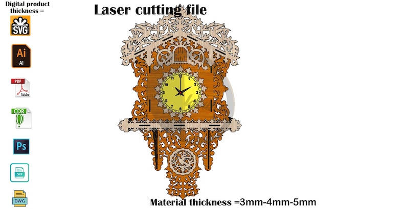 Op de afbeelding: Een lasersnijbestand voor een decoratieve wandklok met ingewikkeld houtsnijwerk, een gele wijzerplaat met zwarte wijzers en een vogelmotief. Het ontwerp bevat de tekst Laser cutting file en Material thickness = 3mm-4mm-5mm.