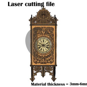 May include: A digital laser cutting file for a rectangular wall clock with intricate dark brown wood-toned filigree patterns, a central circular clock face with Roman numerals, and a decorative top and bottom structure. Material thickness is 3mm-6mm.