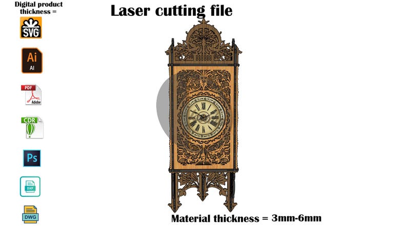 May include: A digital laser cutting file for a rectangular wall clock with intricate dark brown wood-toned filigree patterns, a central circular clock face with Roman numerals, and a decorative top and bottom structure. Material thickness is 3mm-6mm.