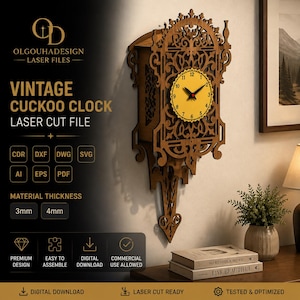 Peut inclure: Un modèle d'horloge à coucou en bois découpé au laser avec des volutes complexes, un cadran jaune à chiffres noirs et des aiguilles noires. Le fichier numérique inclut les formats CDR, DXF, DWG, SVG, AI, EPS et PDF pour 3mm et 4mm d'épaisseur.