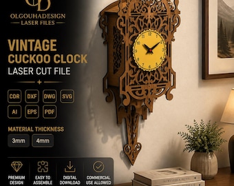 May include: A laser-cut wooden cuckoo clock design featuring intricate scrollwork, a yellow clock face with black numerals, and black hands. The digital file includes formats like CDR, DXF, DWG, SVG, AI, EPS, and PDF for 3mm and 4mm material thickness.