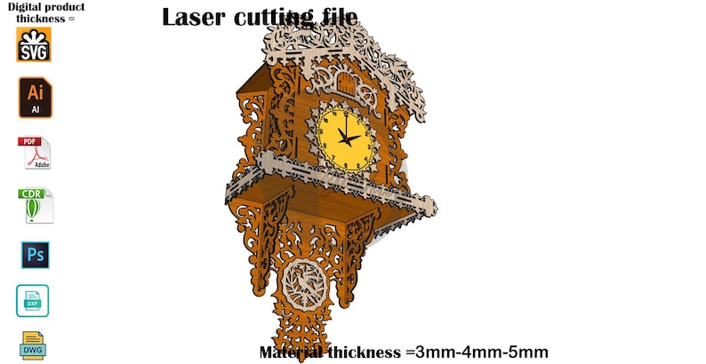 Op de afbeelding: Een bruin houten koekoeksklok lasersnijbestand met ingewikkeld krulwerk, een gele wijzerplaat met zwarte wijzers en een vogelmotief aan de basis. De tekst luidt Laser cutting file en Material thickness = 3mm-4mm-5mm met diverse bestandsiconen.