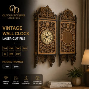 Puede incluir: Dos relojes de pared de madera cortados con láser con intrincados patrones de filigrana y una esfera central con números romanos. El diseño incluye soportes decorativos en la parte superior e inferior. El texto indica formatos de archivo y grosores de 3mm y 6mm.