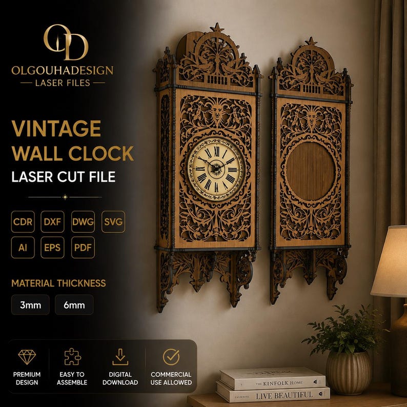 May include: Two ornate, laser-cut wooden wall clocks with intricate filigree patterns and a central clock face featuring Roman numerals. The design includes decorative top and bottom brackets. Text on the image lists file formats and material thicknesses of 3mm and 6mm.