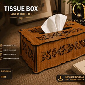 Op de afbeelding: Een rechthoekige houten tissuebox met lasergesneden bloemmotieven en geschulpte randen. De doos heeft een opening aan de bovenkant voor het uitgeven van tissues en is ontworpen voor een materiaaldikte van 3 mm. Inclusief diverse digitale bestanden.