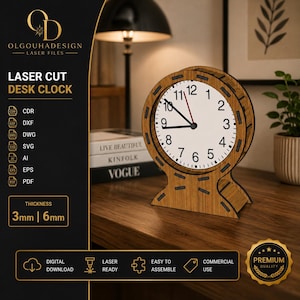 May include: A laser-cut wooden desk clock with a circular frame and a white face featuring black Arabic numerals, black hour and minute hands, and a red second hand. The clock structure includes visible assembly slots and is 3mm or 6mm thick.