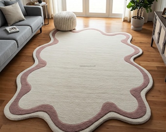 Tappeto in lana irregolare bianco sporco, moderno tappeto astratto ondulato rosa antico