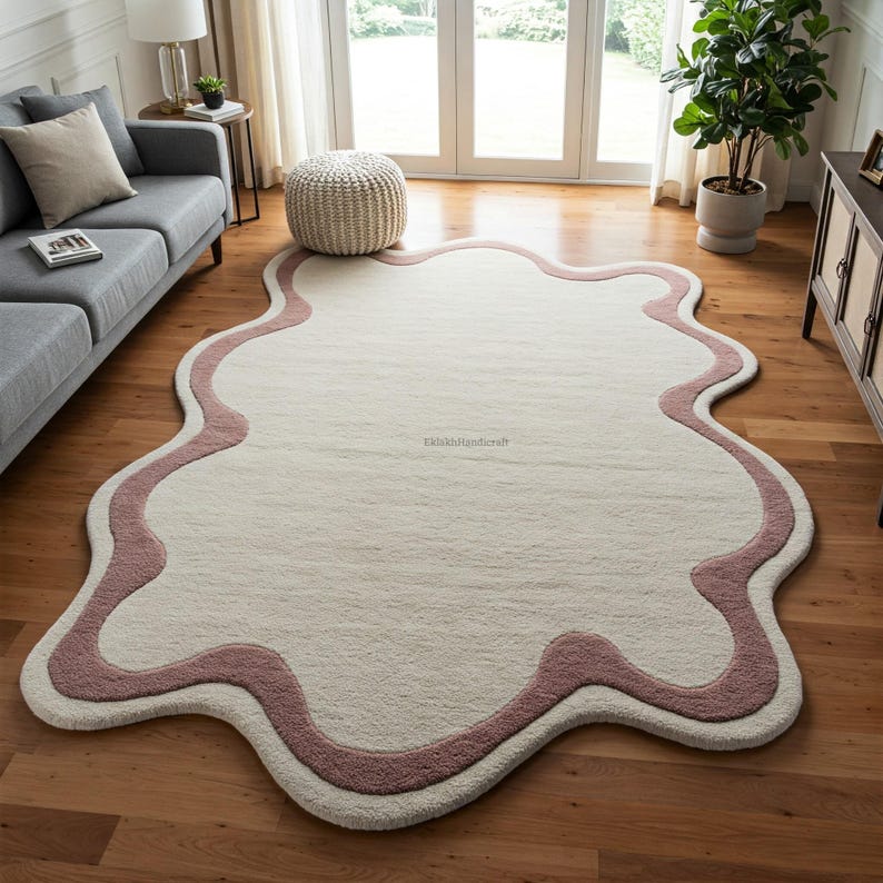 Off White Irregular Wool Tufted Rug, Modern Dusty Rose Wavy Abstract ...
