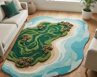 Blue Green Irregular Island Rug, 3D Ocean Tufted Wool Area Rugs