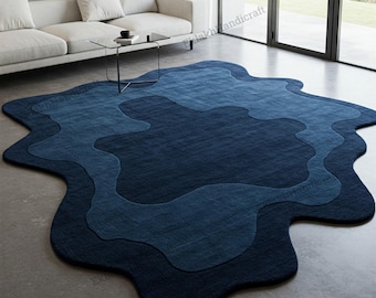 Deep Blue Irregular Wool Rug, Hand Tufted Abstract Area Rugs for Living Room