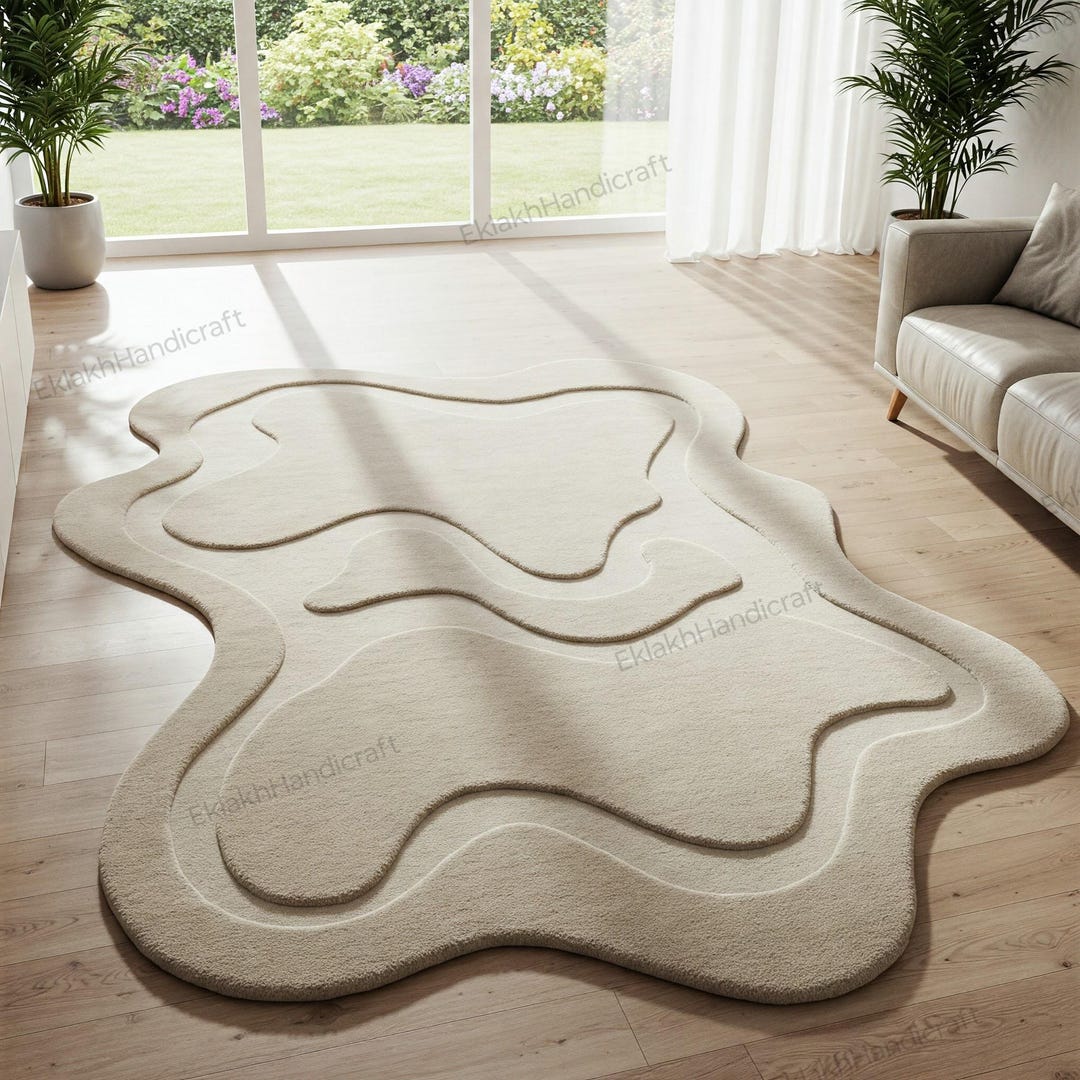 Neutral Tufted Rug Pattern Neutral Beige Irregular Wool Tufted Rug, Modern Abstract Textured Area ...
