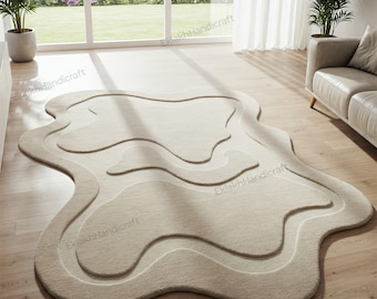 Neutraal beige onregelmatig wollen getuft tapijt, moderne abstracte tapijten met textuur voor woonkamer