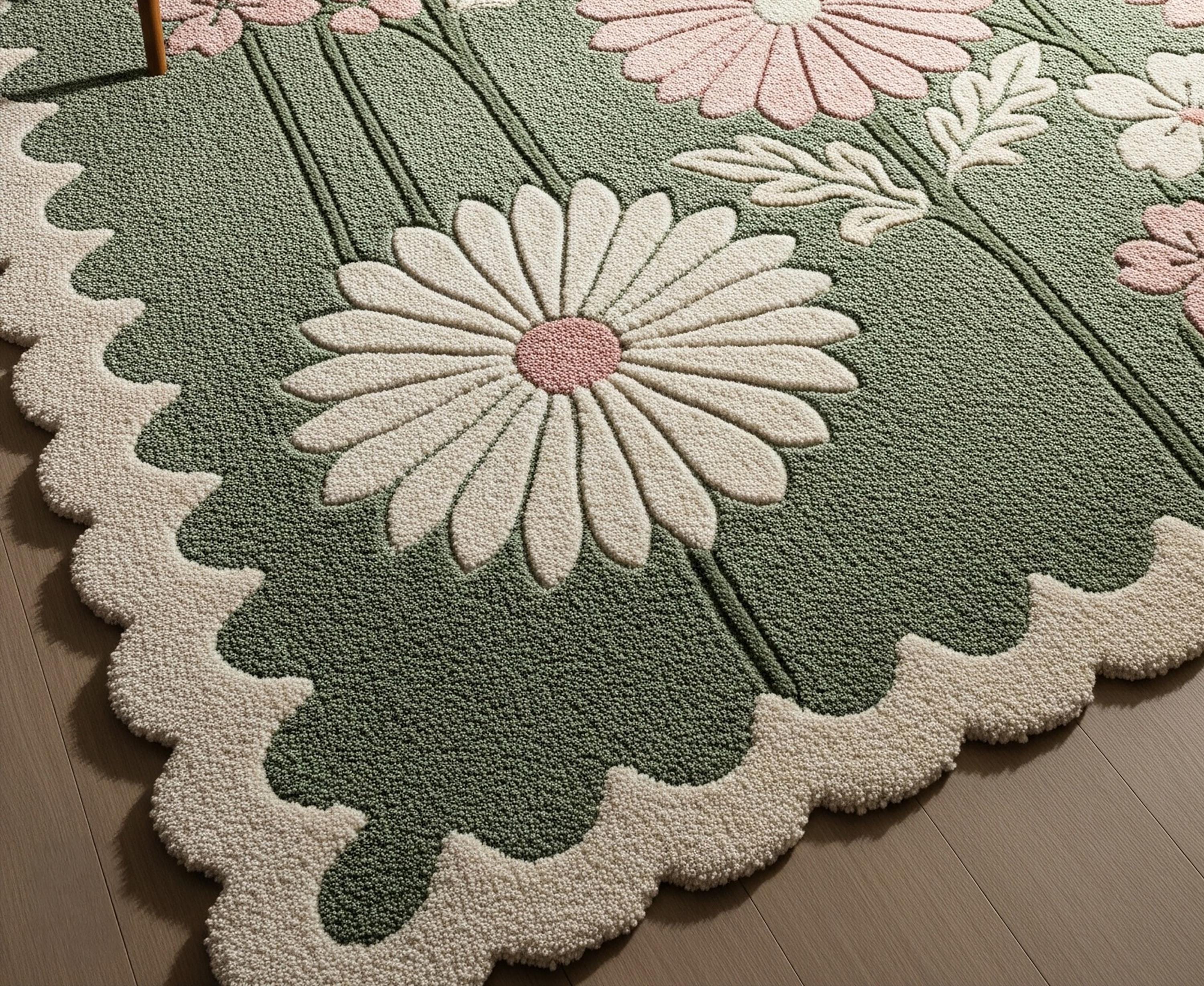 Ps Rugs Sage Green Botanical Scalloped Hand Tufted Rug, Pink Ivory Floral Wool ...