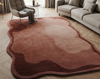 Rust Red Brown Wavy Wool Rug, Hand Tufted Abstract Area Rugs for Living Room