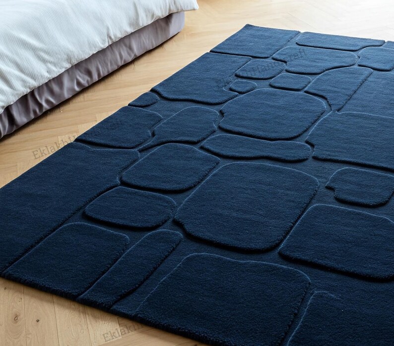 Blue Abstract Hand Tufted Wool Rug, Stone Design Textured Area Rugs for ...