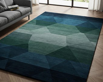 Blågrön geometrisk ullmatta, moderna handtuftade mattor för vardagsrum