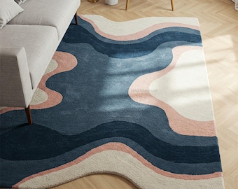 Tappeto astratto in lana blu e crema, tappeti moderni ondulati rosa annodati a mano