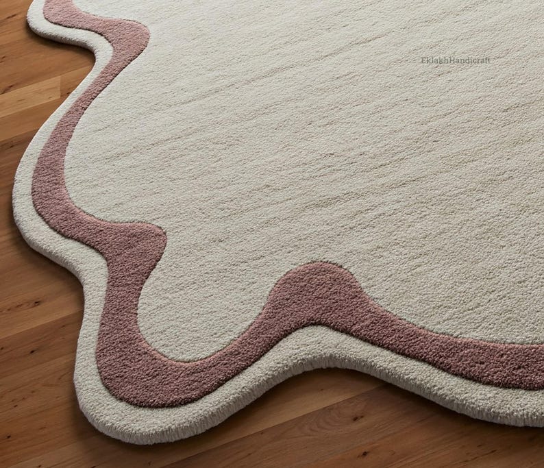 Off White Irregular Wool Tufted Rug, Modern Dusty Rose Wavy Abstract ...