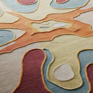 Pu&ograve; includere: Primo piano di un tappeto colorato con un design astratto e testurizzato. Il tappeto presenta una variet&agrave; di forme e colori, tra cui arancione, giallo, blu e rosso.